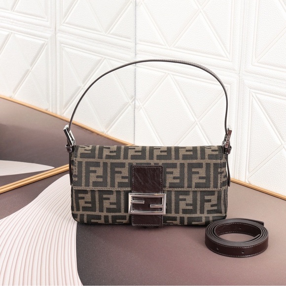 FF Logo Brown Canvas and Leather Crossbody Bag